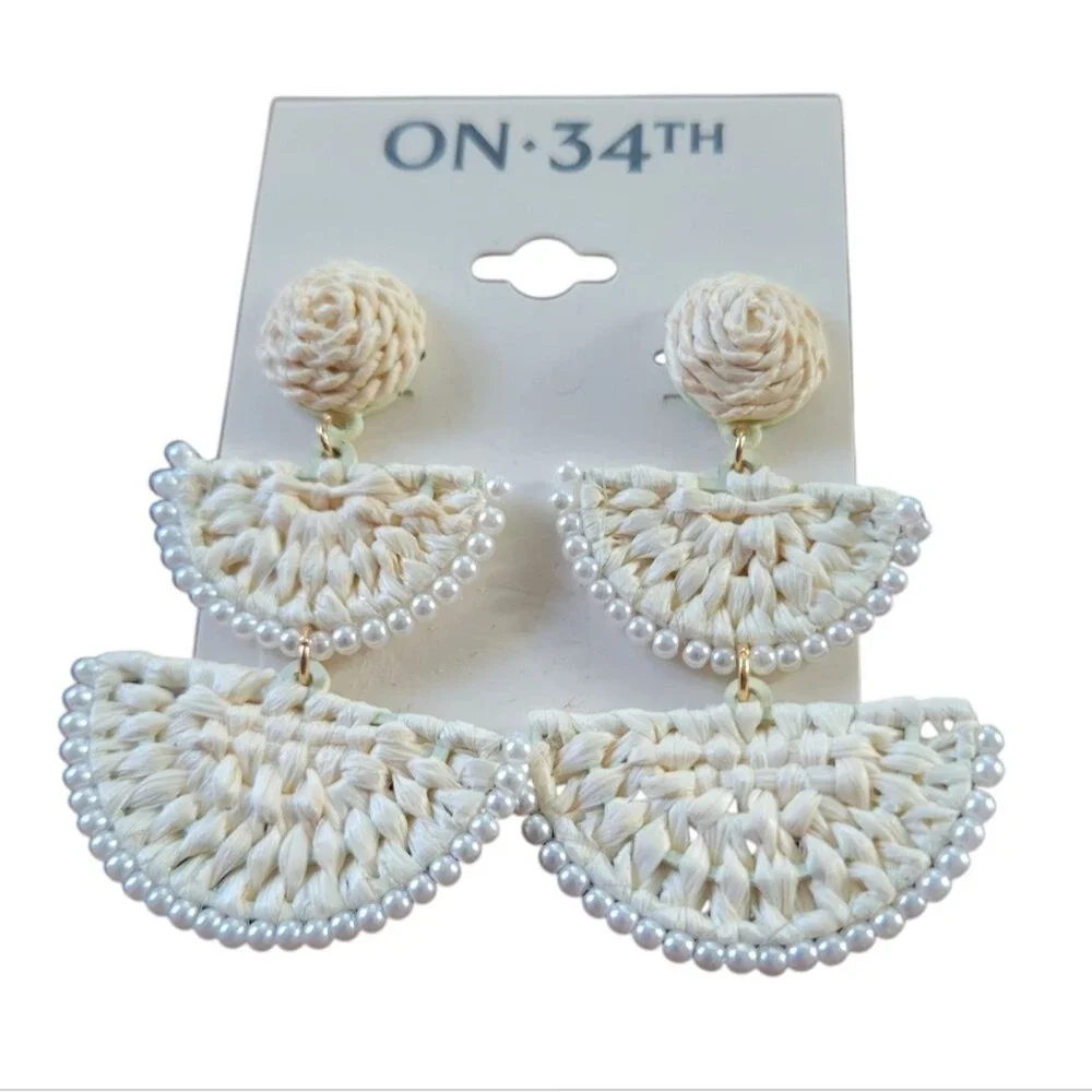 On 34th Gold-Tone Stone Bead & Woven Raffia Drop Earrings - NWT